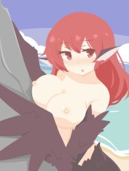 Rule 34 | 1girl, animal ears, beach, big o pants, bird ears, bird legs, black feathers, black wings, blush, breasts, commentary request, feathers, fio-chan (big o pants), hair between eyes, harpy, highres, large breasts, long hair, looking at viewer, monster girl, nipples, nude, open mouth, original, red eyes, red hair, rock, solo, winged arms, wings