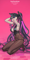 Rule 34 | 1girl, absurdres, armpits, arms behind head, artist name, ass, bare shoulders, bikini, black bikini, black bodysuit, black gloves, black hair, blush, bodysuit, breasts, character name, cleavage, copyright name, covered navel, fate/extra, fate/grand order, fate (series), fingerless gloves, full body, gloves, hat, high heels, highres, jewelry, ki min-woo, large breasts, long hair, looking at viewer, multicolored hair, open mouth, pantyhose, parted bangs, peaked cap, pink background, ponytail, sessyoin kiara, sessyoin kiara (swimsuit mooncancer), sessyoin kiara (swimsuit mooncancer) (second ascension), sideboob, smile, streaked hair, swimsuit, symbol-shaped pupils, traffic baton, very long hair, yellow eyes