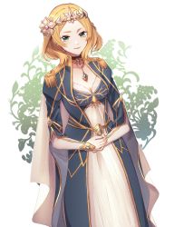 Rule 34 | absurdres, blonde hair, blue dress, blue eyes, braid, breasts, cleavage, commission, commissioner upload, crown, dress, fire emblem, fire emblem warriors, flower, hair flower, hair ornament, hairpin, highres, jewelry, lianna (fire emblem), long sleeves, necklace, nintendo, pendant, queen, re gatchaman, royal robe, short hair, skeb commission, solo, sunflower, sunflower hair ornament