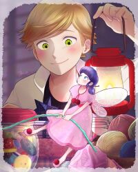 Rule 34 | 1boy, 1girl, adrien agreste, black shirt, blonde hair, blue eyes, blue hair, blush, buttons, catnoir love, closed mouth, dress, fairy, fairy wings, green eyes, highres, holding lamp, jacket, jar, knitting, lamp, looking at another, marinette dupain-cheng, miraculous ladybug, open clothes, open jacket, pink dress, shirt, short twintails, smile, twintails, white jacket, wings, wool