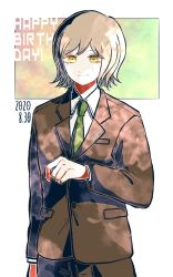 Rule 34 | 1boy, arm at side, brown background, brown eyes, brown hair, brown jacket, brown pants, closed mouth, collared shirt, commentary request, cowboy shot, danganronpa (series), danganronpa 3 (anime), dated, formal, green necktie, hand up, happy birthday, jacket, kiri (2htkz), long sleeves, looking at viewer, male focus, mitarai ryota, necktie, pants, shirt, short hair, smile, solo, translation request, white background, white shirt