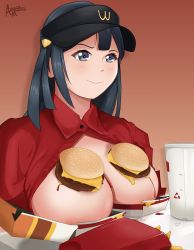 Rule 34 | 1girl, absurdres, areola slip, artist name, azure monarch, black hair, breast rest, breasts, breasts out, burger, closed mouth, food, food on body, food on breasts, french fries, grey eyes, hat, highres, ketchup, large breasts, long hair, love live!, love live! nijigasaki high school idol club, reflection, smile, solo, sparkling eyes, yuki setsuna (love live!)