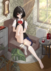 Rule 34 | 1girl, absurdres, alcohol, another, artist request, ashtray, barefoot, black hair, cigarette, clock, closed mouth, cup, curtains, drinking glass, eyebrows, eyepatch, feet, female focus, fingernails, full body, highres, indoors, looking at viewer, medium hair, misaki mei, red eyes, short hair, skirt, smile, solo, table, toenails, toes, window