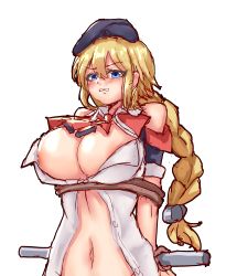 Rule 34 | absurdres, ascot, blonde hair, blue eyes, blush, bound, bound arms, braid, breasts, cleavage, des moines (warship girls r), hat, highres, huge breasts, juili jui, long hair, navel, open clothes, open shirt, rope, tears, teeth, very long hair, warship girls r