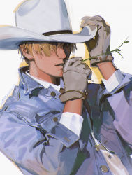 Rule 34 | 1boy, alzi xiaomi, blonde hair, blue eyes, commentary, cowboy, cowboy hat, cowboy western, english commentary, gloves, hat, highres, jacket, long sleeves, male focus, original, short hair, simple background, solo, western, white background