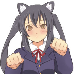 Rule 34 | 1girl, animal ears, bad id, bad pixiv id, black hair, blazer, blush, brown eyes, buttons, cat ears, cat girl, female focus, flat chest, frown, jacket, k-on!, kanaru, kemonomimi mode, long hair, long sleeves, looking at viewer, nakano azusa, neck ribbon, paw pose, ribbon, school uniform, sidelocks, simple background, solo, twintails, upper body, white background