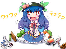 Rule 34 | + +, 1girl, :d, blue hair, chibi, female focus, hat, hinanawi tenshi, masochism, mayuge inu, on plate, open mouth, plate, red eyes, smile, solo, touhou, white background