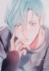 Rule 34 | 1boy, 1other, aizome kento, aru iru, b-project, black sleeves, blue eyes, blue hair, closed mouth, grey background, grey shirt, jewelry, light blue hair, long sleeves, looking at viewer, male focus, pov, ring, shirt, short hair, signature