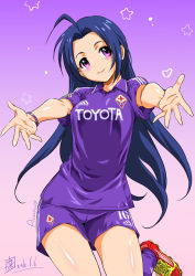 Rule 34 | 1girl, acf fiorentina, adidas, ahoge, armpit peek, blue hair, blush scarlet, breasts, dated, foreshortening, gradient background, head tilt, idolmaster, idolmaster (classic), incoming hug, inoue sora, italy, jersey, long hair, mattia cassani, medium breasts, miura azusa, outstretched arms, outstretched hand, purple background, purple eyes, shorts, smile, soccer, soccer uniform, solo, sportswear, toyota
