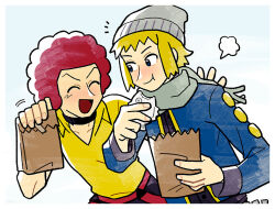 Rule 34 | 2boys, afro, bag, beanie, blonde hair, blue eyes, choker, collarbone, collared shirt, creatures (company), eating, flint (pokemon), food, game freak, grey headwear, hat, hmtmgl, holding, holding food, looking at another, male focus, multiple boys, nintendo, open mouth, paper bag, pokemon, pokemon dppt, red hair, scarf, shirt, smile, volkner (pokemon)