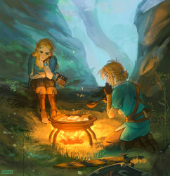 Rule 34 | 1boy, 1girl, absurdres, annoyed, blonde hair, blue eyes, boots, bowl, branch, brown footwear, brown gloves, brown pants, earrings, egg (food), fingerless gloves, fire, fire, food, gloves, grass, highres, holding, holding spoon, jewelry, knee boots, layered sleeves, link, long hair, long sleeves, nintendo, outdoors, pants, pointy ears, ponytail, princess zelda, profile, sheikah slate, shield, short hair, short over long sleeves, short ponytail, short sleeves, sitting, spoon, sunny side up egg, the legend of zelda, the legend of zelda: breath of the wild, tree, triforce print, tunic, viria13, weapon