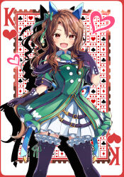 Rule 34 | 1girl, absurdres, bare shoulders, black gloves, black thighhighs, brown eyes, brown hair, card, club (shape), diamond (shape), dress, ear covers, frilled dress, frills, garter straps, gloves, green dress, highres, horse girl, king (playing card), king halo (umamusume), king of hearts (playing card), layered sleeves, looking at viewer, neko senshi, open mouth, playing card, puffy short sleeves, puffy sleeves, short sleeves, smile, solo, spade (shape), thighhighs, umamusume