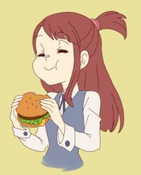 Rule 34 | 10s, 1girl, 2017, brown hair, burger, closed eyes, eating, fluerdeseluna, food, happy, holding, holding food, holding hamburger, holding objects, kagari atsuko, little witch academia, long sleeves, lowres, luna nova school uniform, pale skin, school uniform, simple background, solo, tagme, textless version, twitter, upper body, yellow background
