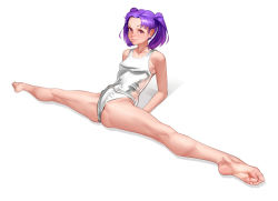 Rule 34 | 1futa, barefoot, breasts, bulge, erection, erection under clothes, feet, full body, futanari, kairunoburogu, large penis, legs, lips, looking at viewer, matching hair/eyes, nose, one-piece swimsuit, original, penis, purple eyes, purple hair, short twintails, small breasts, soles, solo, split, spread legs, swimsuit, toe scrunch, toes, twintails, white background