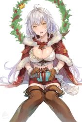 Rule 34 | 1girl, ahoge, blush, boots, braid, breasts, cape, christmas, christmas wreath, cleavage, fur trim, gloves, granblue fantasy, green eyes, highres, large breasts, long hair, looking at viewer, midriff, open mouth, presenting, red cape, red skirt, ribbon, sabanobori, silva (granblue fantasy), silver hair, simple background, sitting, skirt, smile, solo, thigh boots, thighhighs, very long hair, white background, wreath