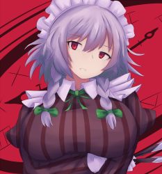Rule 34 | 1girl, albino, alternate breast size, bow, braid, breast hold, breasts, gloves, green bow, green ribbon, hair bow, head tilt, izayoi sakuya, knife, large breasts, long sleeves, looking at viewer, maid, maid headdress, neck ribbon, parted lips, red eyes, ribbon, satou rin (gobugabuge), shirt, short hair, silver hair, solo, striped clothes, striped shirt, touhou, twin braids, upper body, vertical-striped clothes, vertical-striped shirt, white gloves