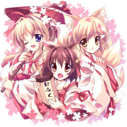Rule 34 | 3girls, ;d, alternate costume, alternate hairstyle, animal ears, bell, blonde hair, blush, bow, brown eyes, brown hair, cat ears, chen, cherry blossoms, detached sleeves, fang, floral background, flower, fox ears, fox tail, hair bell, hair bow, hair ornament, holding, holding umbrella, japanese clothes, kimono, kitsune, kyuubi, long hair, long sleeves, looking at viewer, lumine (2339), miko, multiple girls, multiple tails, oil-paper umbrella, omikuji, one eye closed, open mouth, own hands together, purple eyes, ribbon-trimmed sleeves, ribbon trim, short hair, smile, tail, touhou, umbrella, upper body, wide sleeves, yakumo ran, yakumo yukari, yellow eyes