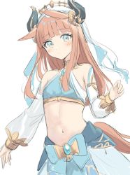 Rule 34 | 1girl, animal ears, bare shoulders, blue eyes, blush, closed mouth, cosplay, crop top, detached sleeves, flat chest, genshin impact, horse ears, horse girl, horse tail, long hair, looking at viewer, midriff, navel, nilou (genshin impact), nilou (genshin impact) (cosplay), orange hair, oshage (osyage921), silence suzuka (umamusume), sketch, skirt, solo, tail, umamusume, upper body, white background