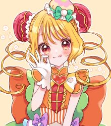 Rule 34 | 1girl, ;q, back bow, blonde hair, blush, bow, brooch, bun cover, cure yum-yum, delicious party precure, dot nose, drill hair, floral background, gloves, hanamichi ran, hat, heart, heart brooch, jewelry, kuzumochi, large bow, long hair, looking at viewer, magical girl, mini hat, money gesture, one eye closed, orange bow, precure, purple bow, red eyes, simple background, solo, straight-on, striped bow, tongue, tongue out, twin drills, upper body, white gloves, yellow background, yellow theme