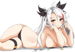 Rule 34 | 1girl, absurdres, azur lane, bare shoulders, bikini, black bikini, blush, breasts, closed mouth, flag print, german flag bikini, highres, large breasts, long hair, looking at viewer, lying, mole, mole on breast, moyoron, multicolored hair, navel, on side, prinz eugen (azur lane), prinz eugen (unfading smile) (azur lane), ribbon, side-tie bikini bottom, silver hair, simple background, solo, streaked hair, swimsuit, thighhighs, traditional media, two side up, very long hair, white background