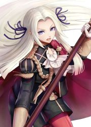 Rule 34 | 1girl, axe, blonde hair, blue eyes, cape, ascot, edelgard von hresvelg, fire emblem, fire emblem: three houses, gloves, gonzarez, hair ornament, hair ribbon, long hair, looking at viewer, nintendo, open mouth, pantyhose, red cape, ribbon, simple background, smile, solo, uniform, weapon, white background