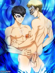 Rule 34 | 10s, 2boys, amamiya ren, anal, ass, ass juice, cum, cum in ass, cum on body, cumdrip, ejaculating while penetrated, ejaculation, erection, grin, highres, male focus, male penetrated, mask, multiple boys, nipples, nude, penis, persona, persona 5, sakamoto ryuuji, sex, smile, smirk, suiton, testicles, uncensored, yaoi
