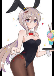 Rule 34 | 9a-91 (girls&#039; frontline), absurdres, animal ears, bare shoulders, black hairband, black leotard, blue eyes, blush, body blush, breasts, brown pantyhose, cla (finesoda), cleavage, cowboy shot, detached collar, expressionless, fake animal ears, fake tail, food, girls&#039; frontline, hair ornament, hairband, heart, highleg, highleg leotard, highres, holding, holding tray, ice cream, leotard, long hair, low twintails, medium breasts, motion lines, pantyhose, pillarboxed, playboy bunny, rabbit ears, rabbit tail, red neckwear, red ribbon, ribbon, side-tie leotard, sidelocks, silver hair, simple background, solo, sparkle, star (symbol), star hair ornament, strapless, strapless leotard, tail, tray, twintails, untying, very long hair, white background, wrist cuffs