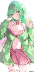 Rule 34 | 1girl, blush, breasts, green hair, highres, indie virtual youtuber, large breasts, looking at viewer, melon minty, multicolored hair, one eye closed, pale skin, pineapple (pine), pink hair, skirt, solo, thighhighs, virtual youtuber