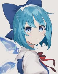 Rule 34 | 1girl, :/, blue bow, blue dress, bow, cirno, closed mouth, dress, grey background, hair bow, highres, ice, ice wings, ikasoba, looking at viewer, neck ribbon, pinafore dress, puffy short sleeves, puffy sleeves, red ribbon, ribbon, short sleeves, simple background, sleeveless dress, solo, touhou, upper body, v-shaped eyebrows, wings