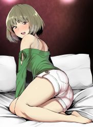 Rule 34 | 10s, 1girl, :d, amano don, ass, bad id, bad pixiv id, bare legs, bare shoulders, barefoot, bed, bed sheet, blush, breath, brown eyes, brown hair, eyebrows, feet, from behind, full-face blush, green shirt, heavy breathing, heterochromia, highres, idolmaster, idolmaster cinderella girls, looking back, mole, mole under eye, no legwear, off-shoulder shirt, off shoulder, on bed, open mouth, pantylines, pillow, round teeth, shiny skin, shirt, short hair, short shorts, shorts, smile, solo, sweat, sweatdrop, takagaki kaede, teeth, white shorts