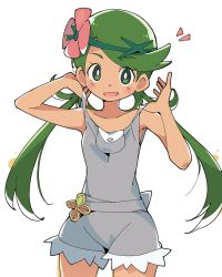 Rule 34 | 1girl, badge, blush, creatures (company), flower, game freak, green eyes, green hair, hair flower, hair ornament, ixy, long hair, mallow (pokemon), nintendo, open mouth, overalls, pokemon, pokemon sm, simple background, smile, solo, strap lift, twintails, white background