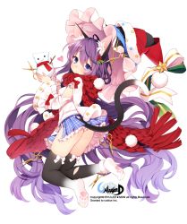 Rule 34 | 1girl, animal ears, ass, bare shoulders, blue eyes, blush, byulzzi, cat ears, cat tail, christmas, copyright name, long hair, looking at viewer, looking back, official art, original, purple hair, scarf, scissors, snow, snowman, solo, tail, thighhighs, unleashed, very long hair, white background