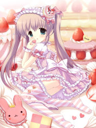 Rule 34 | 1girl, ass, blush, bow, brown hair, cake, candy, cookie, female focus, food, fruit, green eyes, hair bow, hair ribbon, headdress, lolita fashion, long hair, looking back, open mouth, original, panties, ribbon, solo, strawberry, striped clothes, striped thighhighs, suama, sweet lolita, thighhighs, twintails, underwear