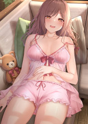 Rule 34 | 1girl, bare shoulders, blush, breasts, brown eyes, brown hair, cleavage, collarbone, highres, large breasts, long hair, looking at viewer, monaka curl, open mouth, original, smile, solo, thighs