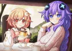 Rule 34 | 2girls, aged down, blush, braid, breasts, commission, compa, food, hair between eyes, hair ornament, highres, looking at viewer, multiple girls, neptune (neptunia), neptune (series), novus rue, open mouth, pink hair, power symbol, power symbol-shaped pupils, pudding, purple hair, purple heart (neptunia), smile, symbol-shaped pupils, turtleneck, twin braids