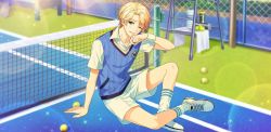 Rule 34 | 1boy, afterl!fe, ball, blonde hair, fingernails, green eyes, looking at viewer, louis (afterl!fe), male focus, official art, open mouth, second-party source, short hair, short sleeves, sitting, smile, solo, sportswear, sweater vest, teeth, tennis ball, tennis court, tennis uniform, vest