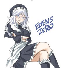 Rule 34 | 1girl, blue eyes, breasts, copyright name, eden&#039;s zero, hair between eyes, kneehighs, large breasts, long hair, mashima hiro, nun, official art, silver hair, simple background, sister ivry, socks, solo, white background