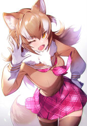Rule 34 | 1girl, animal ears, blush, brown hair, brown sweater, brown thighhighs, commentary request, cowboy shot, fang, fur collar, gloves, hasumikaoru, japanese wolf (kemono friends), kemono friends, kemono friends 3, long hair, long sleeves, multicolored hair, neckerchief, one eye closed, open mouth, plaid neckerchief, plaid neckwear, pleated skirt, purple neckerchief, purple skirt, sailor collar, school uniform, serafuku, skirt, solo, sweater, tail, thighhighs, white fur, white gloves, white hair, wolf ears, wolf girl, wolf tail, yellow eyes, zettai ryouiki