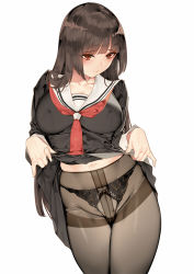 Rule 34 | 1girl, black panties, black pantyhose, blush, brown hair, clothes lift, covered erect nipples, head tilt, lifting own clothes, looking at viewer, looking down, navel, original, panties, panties over pantyhose, pantyhose, raised eyebrows, red eyes, saburou (hgmg), school uniform, serafuku, simple background, skirt, skirt lift, solo, thighband pantyhose, thighs, underwear, white background
