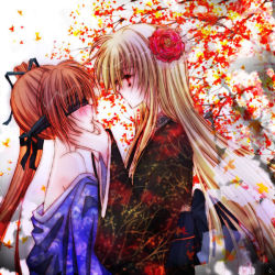 Rule 34 | 00s, 2girls, autumn leaves, bare shoulders, blindfold, blonde hair, blush, branch, brown hair, fate testarossa, finger in another&#039;s mouth, flower, flower on head, hachikei, hair flower, hair ornament, hand on another&#039;s cheek, hand on another&#039;s face, japanese clothes, kimono, leaf, long hair, long sleeves, looking at another, lyrical nanoha, mahou shoujo lyrical nanoha, mahou shoujo lyrical nanoha strikers, multiple girls, no mouth, off shoulder, ponytail, red eyes, red hair, sidelocks, takamachi nanoha, tree, yuri