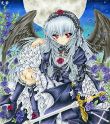 Rule 34 | 1girl, dress, flower, full moon, gothic lolita, hairband, lolita fashion, long hair, moon, night, red eyes, rose, rozen maiden, silver hair, sitting, solo, suigintou, sword, weapon, wings