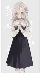 Rule 34 | 1girl, :o, absurdres, black dress, blonde hair, blush, commentary request, cowboy shot, dress, earrings, freckles, green eyes, grey background, highres, jewelry, kyuumura, long dress, long sleeves, looking at viewer, medium hair, original, own hands clasped, own hands together, parted lips, simple background, solo, standing, swept bangs, thighhighs, wavy hair, white thighhighs