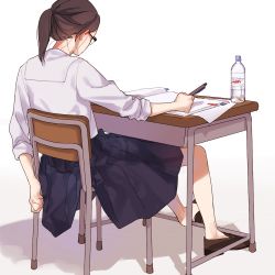 Rule 34 | 1girl, ayaki (43510), book, bottle, eizouken ni wa te wo dasu na!, freckles, from behind, glasses, kanamori sayaka, loafers, long hair, pen, pleated skirt, ponytail, shadow, shoes, simple background, skirt, solo, water bottle, white background