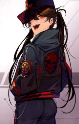 Rule 34 | 1girl, artist name, ass, brown hair, coat, commentary request, crest, family crest, fangs, fate/grand order, fate (series), from behind, hair between eyes, hands in pockets, hat, long hair, looking at viewer, looking back, march ab, oda nobunaga (fate), oda nobunaga (koha-ace), open mouth, pants, red eyes, scarf, skull, smile, solo, standing, teeth, twintails, upper body
