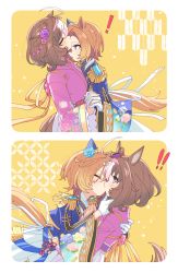 Rule 34 | !, !!, 2girls, ahoge, animal ears, blush, breasts, brown hair, closed mouth, comic, epaulettes, flower, gloves, hair flower, hair ornament, hairband, hand on another&#039;s back, hand on another&#039;s chin, highres, hihiqhi, holding hands, horse ears, horse girl, horse tail, interlocked fingers, kiss, kissing forehead, long sleeves, looking at another, medium breasts, medium hair, meisho doto (padding sores should she go flying) (umamusume), meisho doto (umamusume), multiple girls, open mouth, orange hair, purple eyes, short hair, stroking another&#039;s chin, t.m. opera o (blue dazzle) (umamusume), t.m. opera o (umamusume), tail, umamusume, white gloves, wide sleeves, yagasuri, yuri