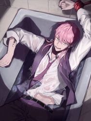 Rule 34 | 1boy, aqua eyes, arm tattoo, arm up, b zan 1270, bathtub, belt, black belt, collared shirt, cowboy shot, hair between eyes, highres, indoors, long hair, long sleeves, looking at viewer, lying, male focus, necktie, on back, open mouth, pants, pink hair, purple necktie, purple pants, purple vest, sanzu haruchiyo, scar, scar on face, shirt, solo, tattoo, tokyo revengers, vest, wet, wet clothes, white shirt