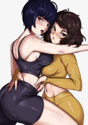 Rule 34 | 2girls, asymmetrical docking, bike shorts, black hair, black shorts, black sports bra, blunt bangs, breast press, breasts, brown eyes, brown hair, from side, highres, kawakami sadayo, looking at viewer, medium breasts, medium hair, midriff, multiple girls, navel, open mouth, pants, parted lips, persona, persona 5, red eyes, shadertoons, shirt, short hair, shorts, simple background, small breasts, sports bra, stomach, takemi tae, thighs, tongue, tongue out, white background, yellow pants, yellow shirt, yoga pants, yuri