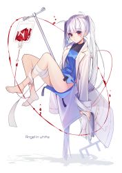 Rule 34 | 1girl, absurdly long hair, absurdres, ass, bandaged leg, bandages, barefoot, blood, blood bag, blue dress, blunt bangs, breasts, chano hinano, closed mouth, commentary request, crossed legs, dress, highres, lab coat, long hair, long sleeves, looking at viewer, original, red eyes, shadow, short dress, silver hair, sitting, sleeves past wrists, small breasts, solo, very long hair, white background