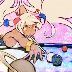 Rule 34 | 1girl, backless outfit, billiards, blonde hair, blush, breast press, breasts, cue stick, dark-skinned female, dark skin, earth (planet), hair ornament, hollewdz, hololive, hololive english, large breasts, leaning forward, long hair, open mouth, planet, planet hair ornament, pool table, saturn (planet), solo, table, tsukumo sana, tsukumo sana (1st costume), twintails, underbust, very long hair, virtual youtuber, yellow eyes