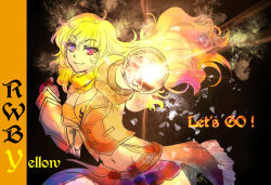 Rule 34 | 1girl, :d, blonde hair, copyright name, english text, fire, fire, gauntlets, heterochromia, long hair, looking at viewer, magic, midriff, multicolored eyes, navel, open mouth, punching, purple eyes, red eyes, rwby, skirt, smile, solo, steelgarden, stomach, upper body, weapon, yang xiao long, yellow theme